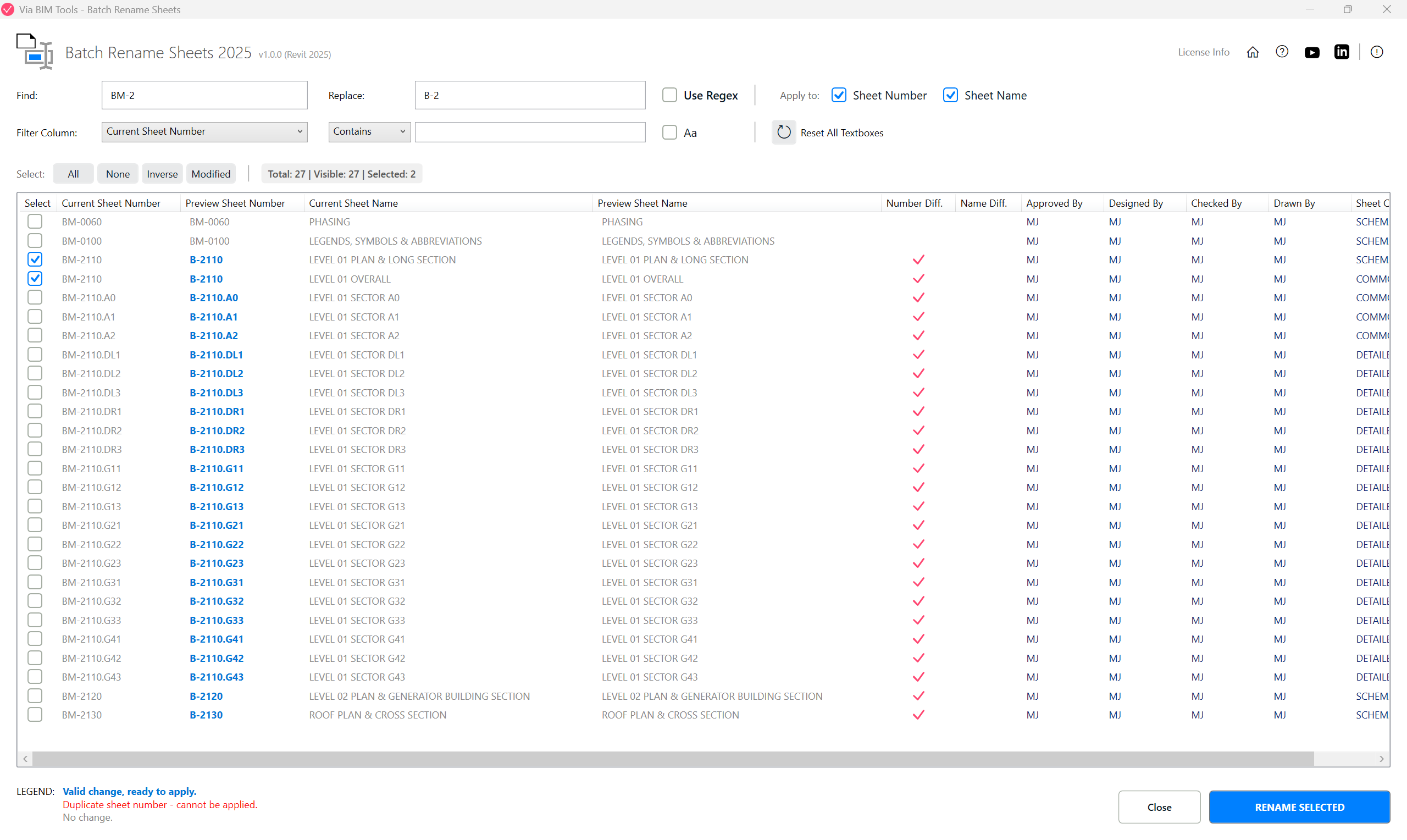 Find & Replace sheet numbers and names with a live rename preview