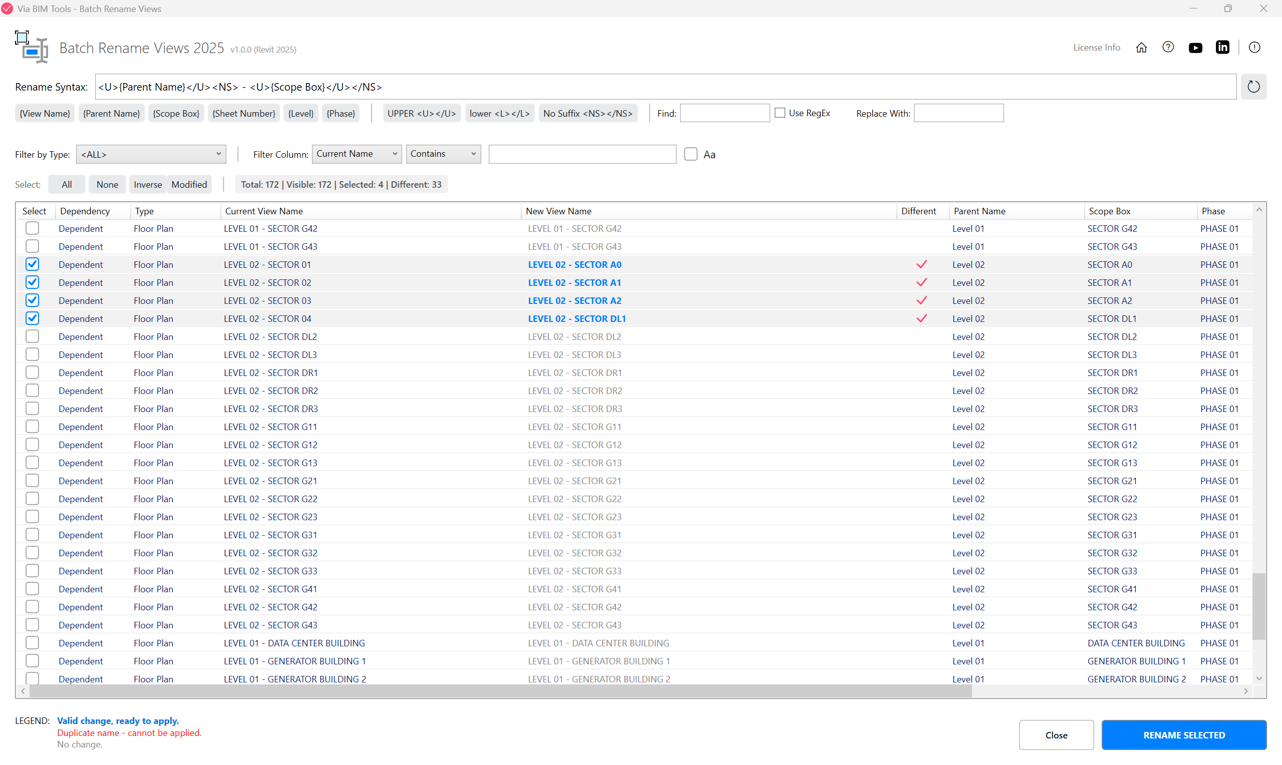 Build a rename syntax with placeholders and preview the resulting view names