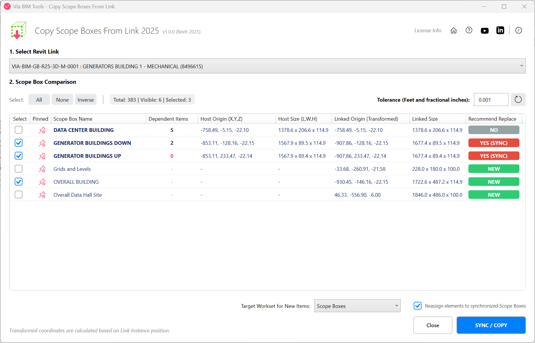 List view comparing scope boxes in the host model against the selected link, with sync recommendations