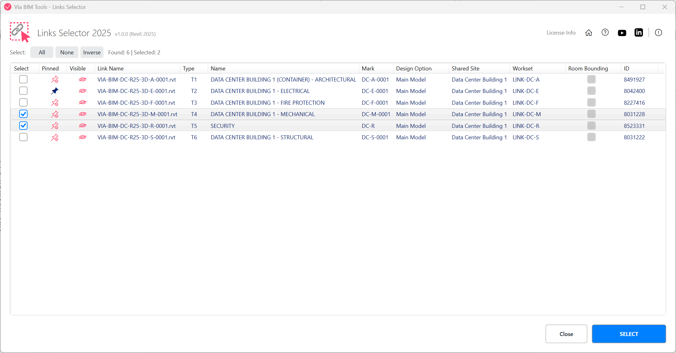 List view of all linked model instances, grouped and color-coded by file