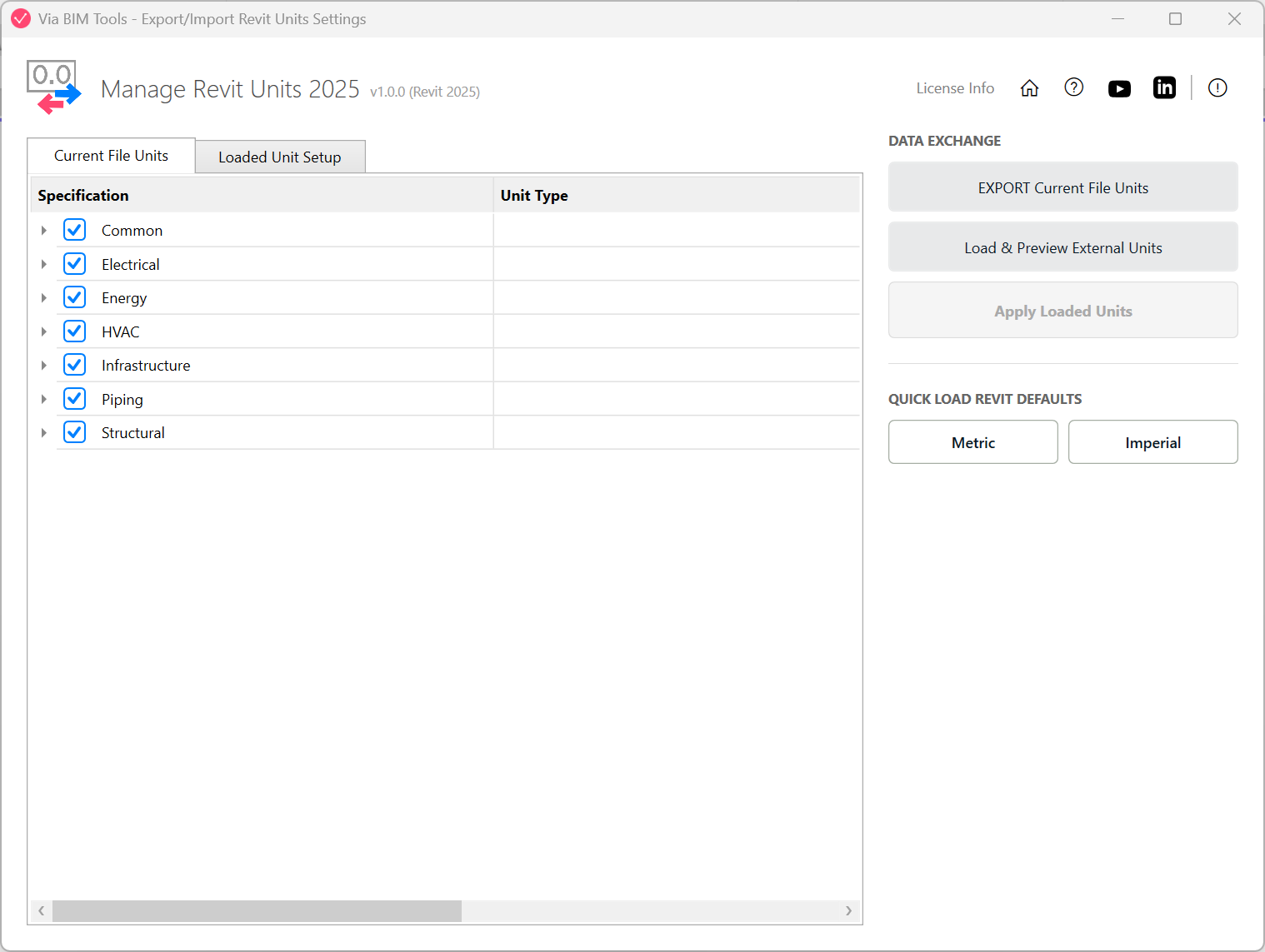 List of unit settings grouped by specification