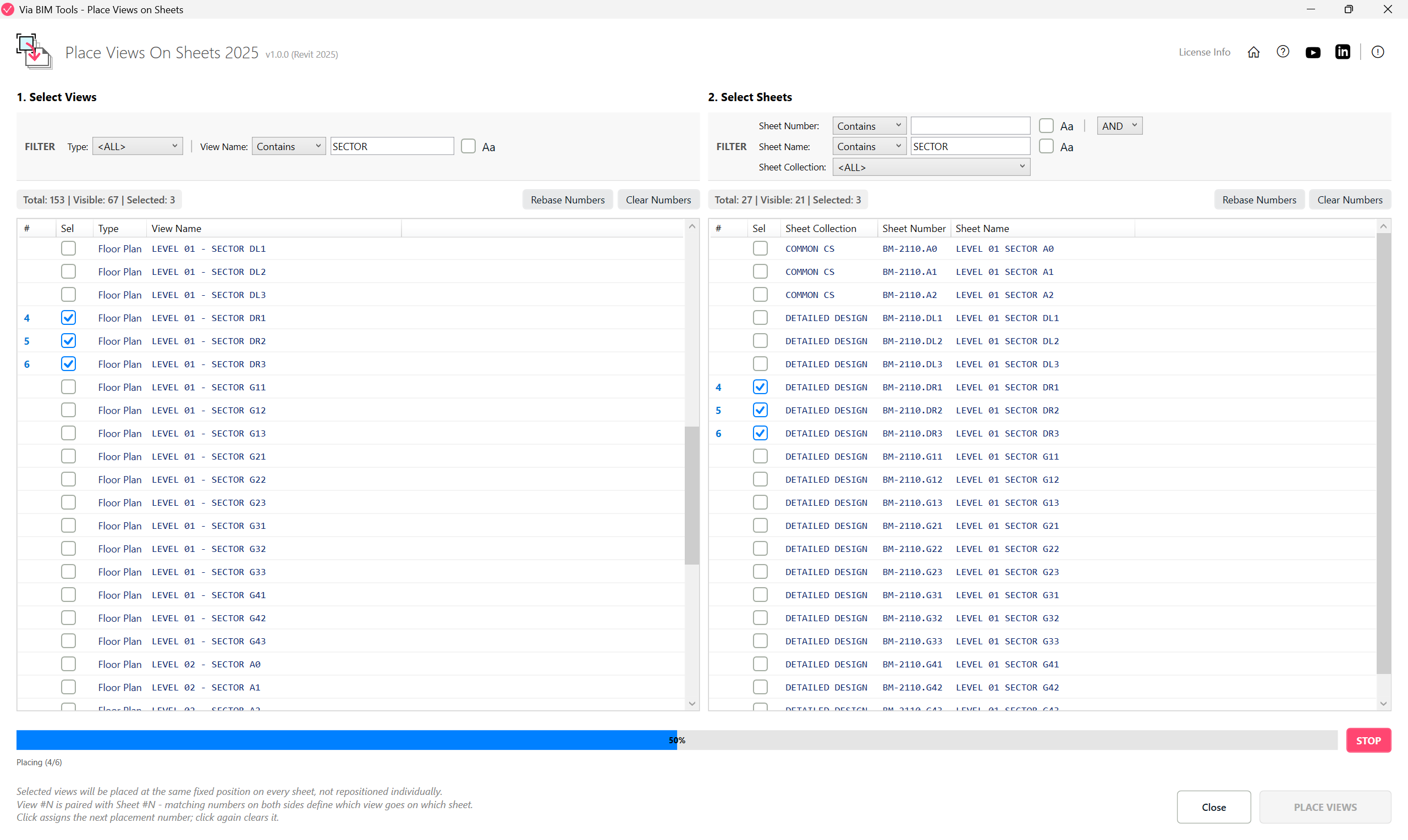 Select views and sheets in matching order to place them in one batch