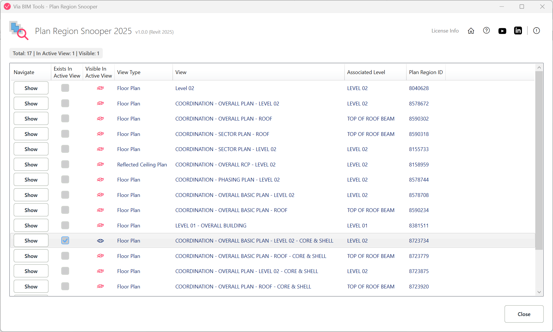 List view of all Plan Regions with their view, level, and visibility status