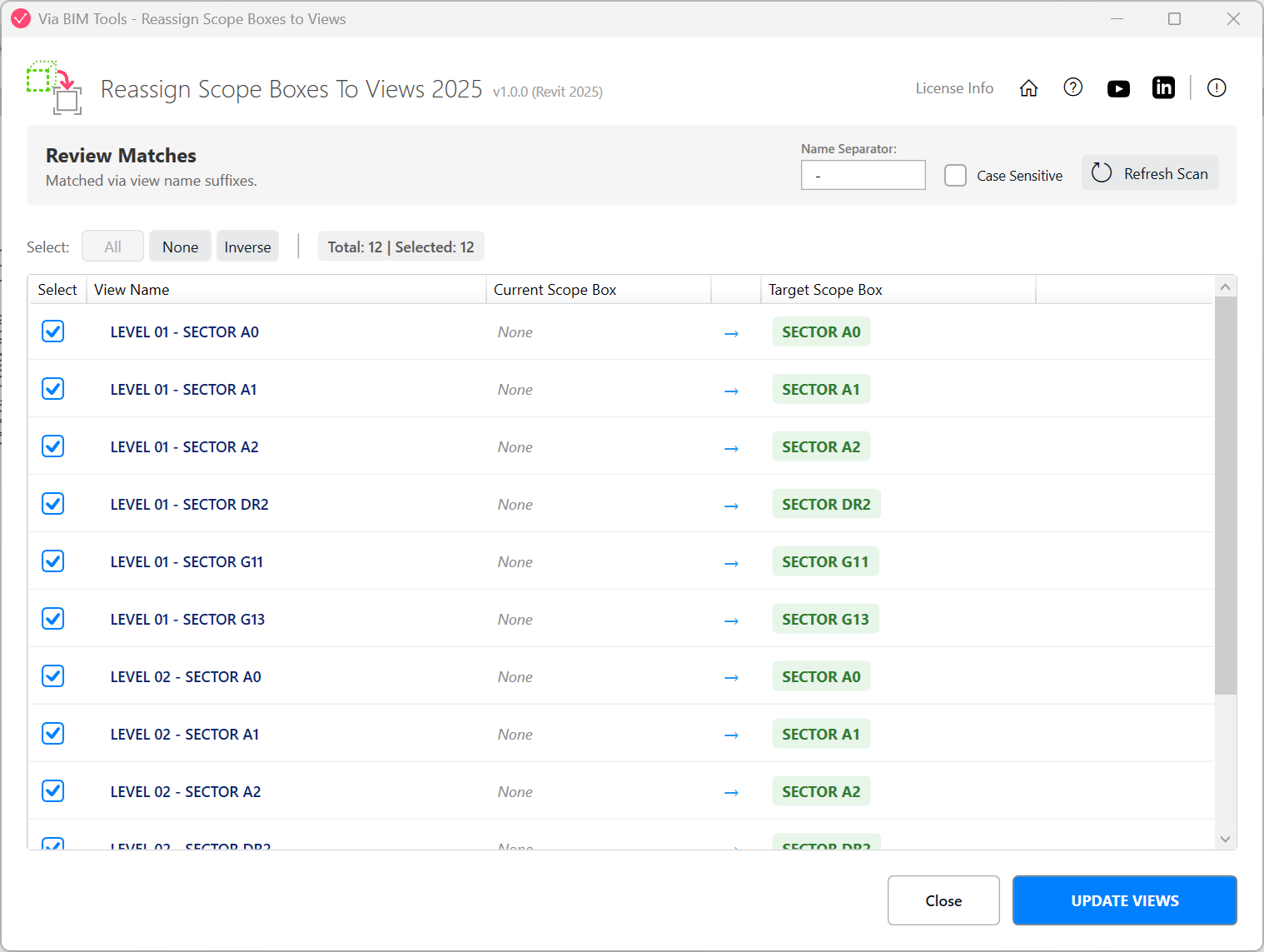 List view of candidate views with current and suggested Scope Box assignment